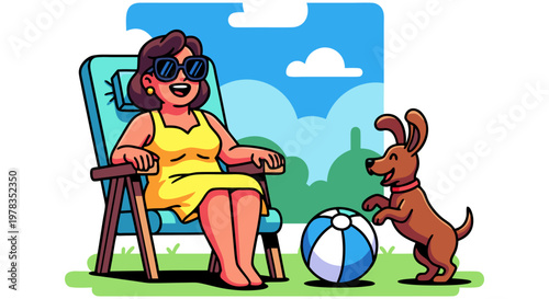 A cheerful woman relaxing in a lawn chair with her dog and a ball on a sunny day