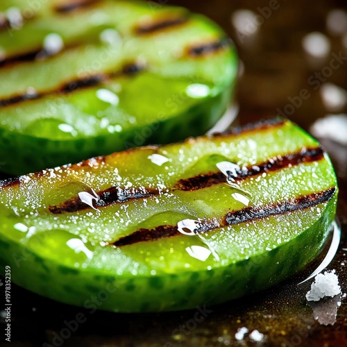 Grilled nopales cactus paddles with perfect char marks and sea salt crystals, authentic Mexican cuisine prepared at premium restaurant with professional plating
