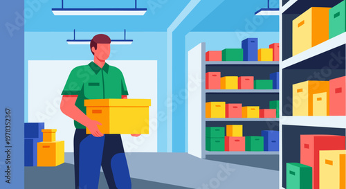 Warehouse worker carrying a box in a storage facility with shelves full of products