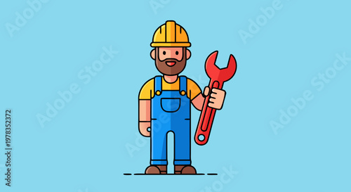 A smiling construction worker wearing a yellow hard hat and blue overalls holds a red wrench, ready for a project