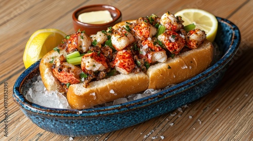 Premium lobster roll with grilled lobster chunks and fresh herbs served on crushed ice in rustic blue ceramic dish with lemon wedges and butter sauce