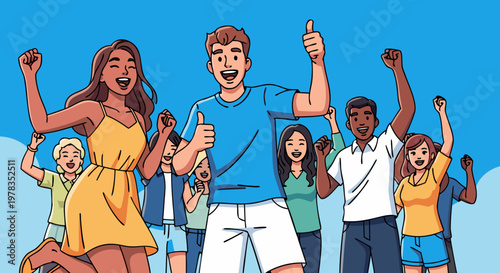 Group of diverse people celebrating success with thumbs up and smiles against a blue sky background