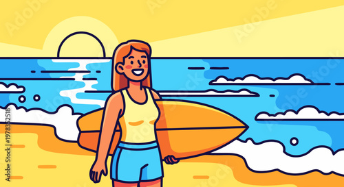 Happy Woman Holding Surfboard on Sandy Beach with Ocean Waves and Sun