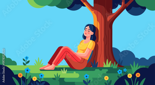 Peaceful woman resting under a tree in a green meadow, enjoying nature and tranquility