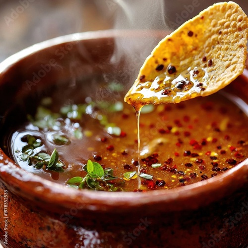 Birria tacos consomme with corn tortilla dripping rich spiced broth featuring fresh herbs and chili oil droplets in traditional Mexican clay bowl