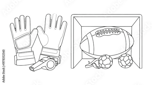 Sports Equipment Illustration: An illustration featuring essential sports equipment including football, soccer ball, a whistle and a pair of gloves, essential tools for every athlete.