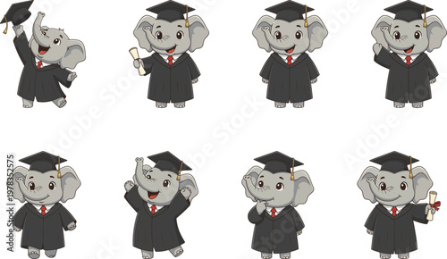 Cute Elephant Graduation Character Set with Toga and Diploma