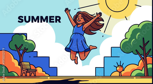 Happy girl jumping with joy celebrating summer vacation in a park