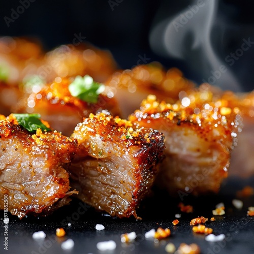 Pork carnitas plate with perfectly caramelized crispy edges and fresh cilantro garnish served on dark slate in premium Mexican restaurant setting