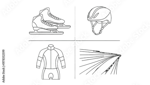 Ice Skate and Sport Items Illustration: A meticulously drawn illustration showcases ice skates, a helmet, a sports suit, and speed lines, representing elements of winter sports and speed.