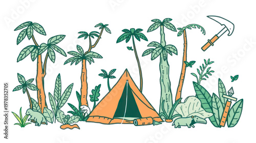 Camping Adventure in a Vibrant Jungle with Tropical Plants and Wildlife Illustration