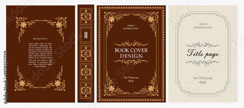 Classic vintage book cover, title page, spine design with Art Deco, Baroque, Art Nouveau and Victorian ornaments. Elegant decorative frame, retro style for publications, posters and artistic layouts.