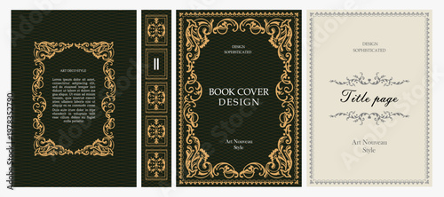 Classic vintage book cover, title page, spine design with Art Deco, Baroque, Art Nouveau and Victorian ornaments. Elegant decorative frame, retro style for publications, posters and artistic layouts.