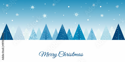 A serene winter landscape with stylized trees and falling snowflakes