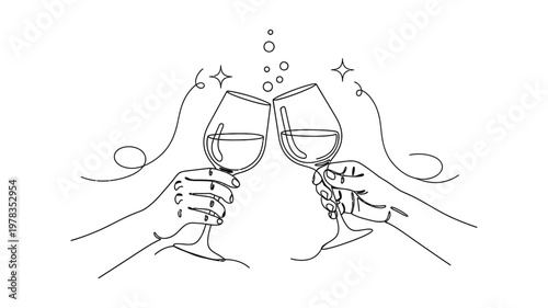 Two hands clinking wine glasses together. Continuous line style. Hand drawn. Line art. Vector design. illustrations