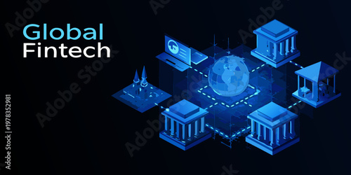 Global fintech network isometric illustration of technology and worldwide finance