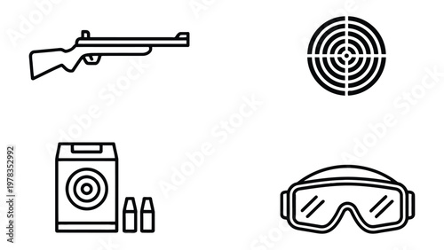 Aiming for Precision: A set of minimalistic vector illustrations showcasing the essential elements of target shooting, emphasizing precision, safety, and focus.