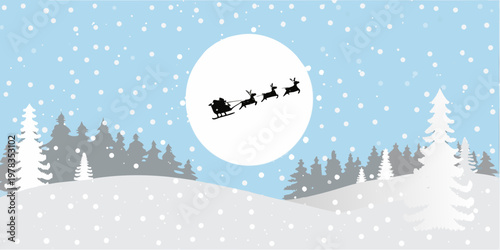 Santa claus and reindeer silhouetted against a full moon in winter