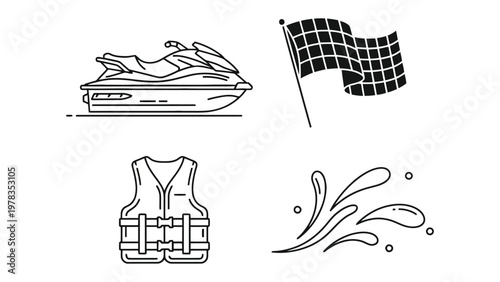 Jet Ski Essentials: A vector illustration showcasing essential elements of jet skiing, including a sleek jet ski, checkered flag, life vest, and water splashes.