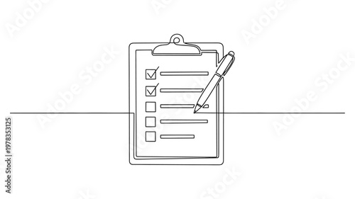 A clipboard with a checklist and pen. Continuous line style. Hand drawn. Line art. Vector design. illustrations