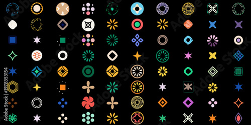 Collection of colorful abstract geometric shapes on a black background