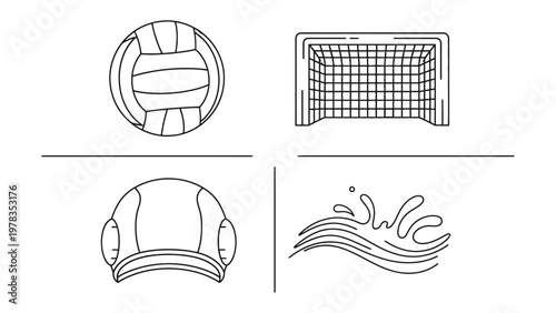 Essential Swimming Elements Illustrated: This minimalist image presents key elements of aquatic sports. Featuring a volleyball, water polo goal, swimming cap, and water splash.