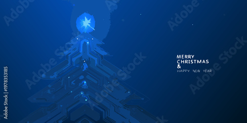 A futuristic christmas tree design with glowing star and holiday greetings