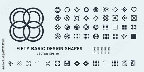 Collection of fifty basic geometric shapes in a vector design layout