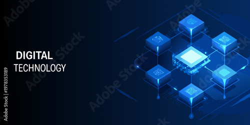 Abstract digital technology background with interconnected glowing cubic structures