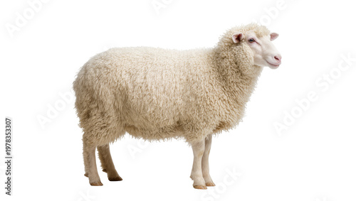 Fluffy white sheep with thick wool fleece, isolated on transparent background