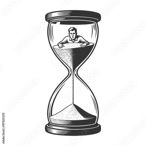 man inside an hourglass surrounded by falling sand, symbolizing time pressure, stress, and limited lifespan sketch engraving generative ai vector illustration. Scratch board. Black and white image.