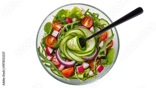 Fresh garden salad with cucumber tomato radish and onion, isolated on transparent background