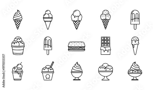 Ice cream outline icons modern dessert frozen food thin line vector set