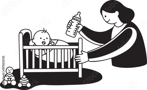 Mother Feeding Baby in Crib with Bottle – Infant Care Illustration for Parenting, Newborn Lifestyle, and Family Health Content