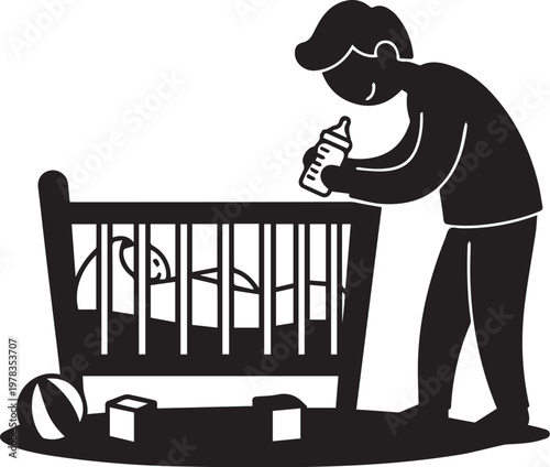 Mother Feeding Baby in Crib with Bottle – Infant Care Illustration for Parenting, Newborn Lifestyle, and Family Health Content