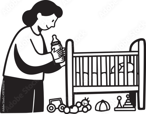 Mother Feeding Baby in Crib with Bottle – Infant Care Illustration for Parenting, Newborn Lifestyle, and Family Health Content