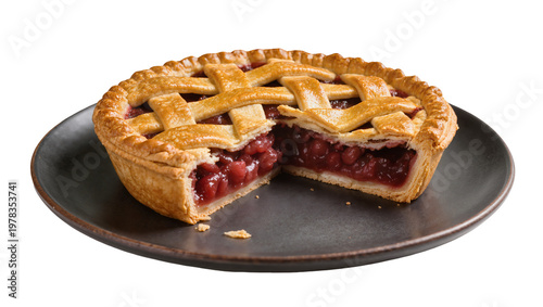 Photos Golden lattice crust cherry pie with juicy red filling, isolated on transparent