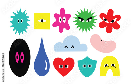 Set of colorful abstract cartoon shapes with faces
