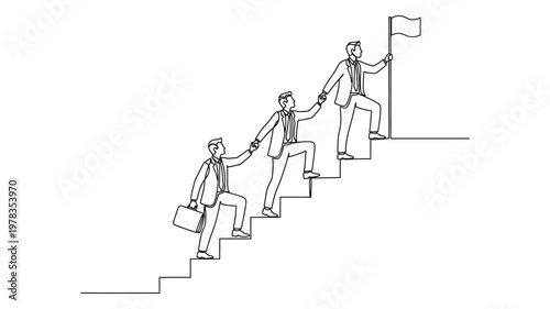 Businessmen climbing stairs to success together. Continuous line style. Hand drawn. Line art. Vector design. illustrations