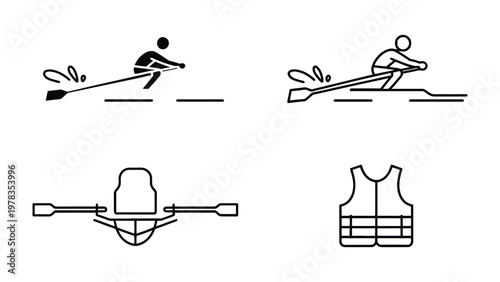 Rowing Icon Set: A collection of simple, black and white illustrations that captures the essence of rowing, including rowers in action, a boat's design, and safety equipment.