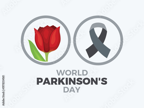 World Parkinson's Day poster with red tulip vector illustration. Red tulip flower and gray awareness ribbon icon set vector. Template for background, banner, card. April 11 every year. Important day