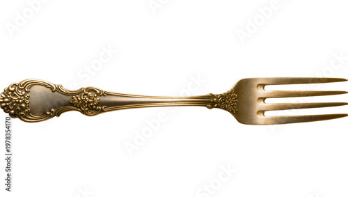 Obraz na płótnie Ornate antique gold fork with floral embossed handle, isolated on transparent ba