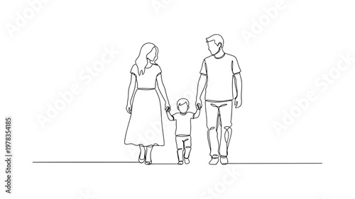 A family of three walking together. Continuous line style. Hand drawn. Line art. Vector design. illustrations