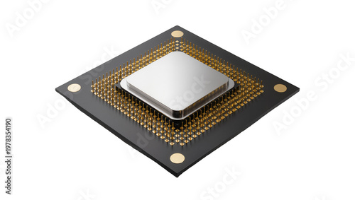 Square computer processor with gold pins and silver top, isolated on transparent background