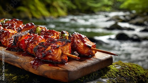 Grilled meat skewers thickly coated in a rich dark barbecue sauce alongside roasted peppers resting on a wooden board next to a gently flowing river. The background features a nicely