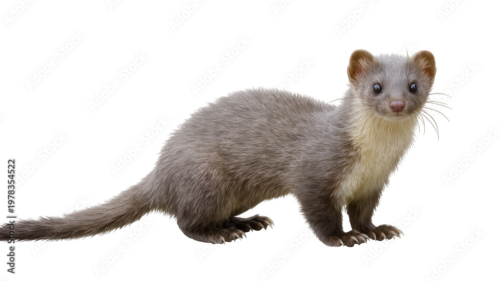 Fototapeta premium Small grey mink with cream colored chest, isolated on transparent background