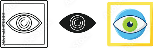 Eye icon set featuring flat vector illustrations of vision symbols with outlines and solid shapes for modern graphic user interface design