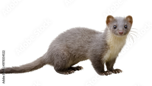 Small grey mink with cream colored chest, isolated on transparent background