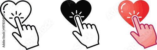 Heart click icon vector illustration set featuring a finger pressing a love symbol for social media interaction and digital marketing designs