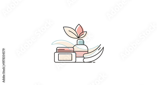 Cosmetic products illustration with leaves and curved lines on white background
